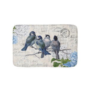 Tapis De Bain Vintage Bleu Oiseaux Fleurs Italiennes Bathmat