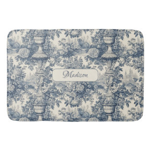 Tapis De Bain Vintage chic floral Bleu toile de jouy monogramme