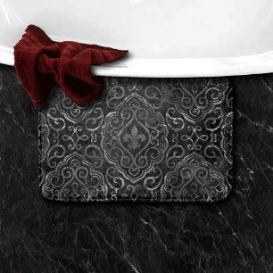 Tapis De Bain Vintage Fleur de Lis Black Silver Grunge Damask