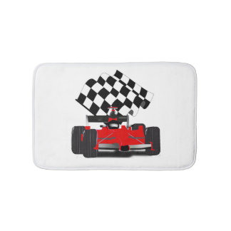 Tapis De Bain Voiture de course rouge avec drapeau à damier