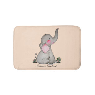 Tapis De Bain Watercolor Cute Baby Elephant With Blush & Flowers