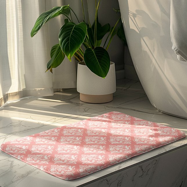 Tapis De Bain White & Pink Floral Damasks Pattern (Créateur téléchargé)