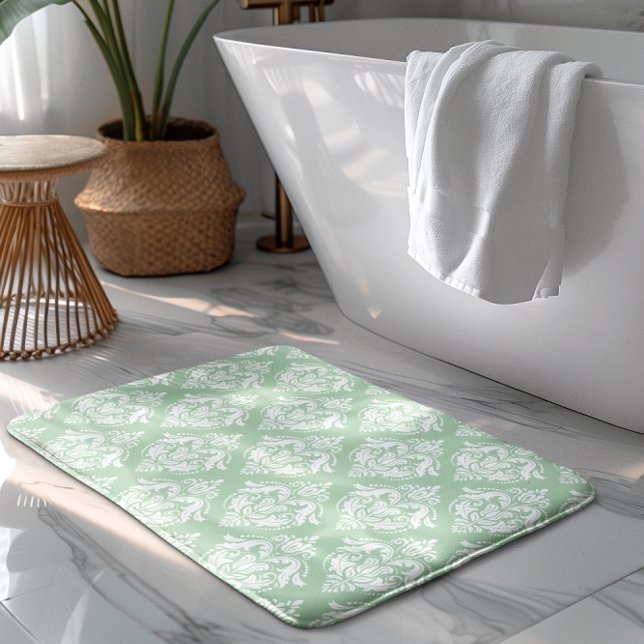Tapis De Bain White & Sage Green Floral Damasks Pattern (Créateur téléchargé)