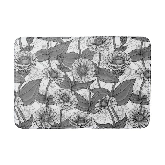 Tapis De Bain Zinnias, monochrome sur blanc (Devant)