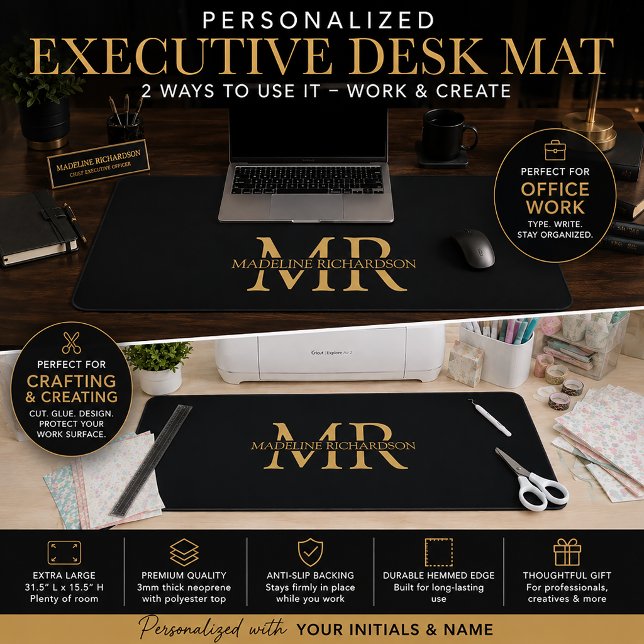 Tapis de bureau à monogramme Or Noir Nom Initiales (Créateur téléchargé)
