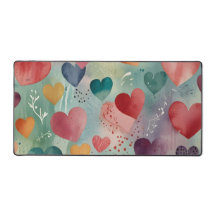 Tapis de bureau esthétique à cœurs aquarelle cosy