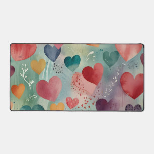 Tapis de bureau esthétique à cœurs aquarelle cosy