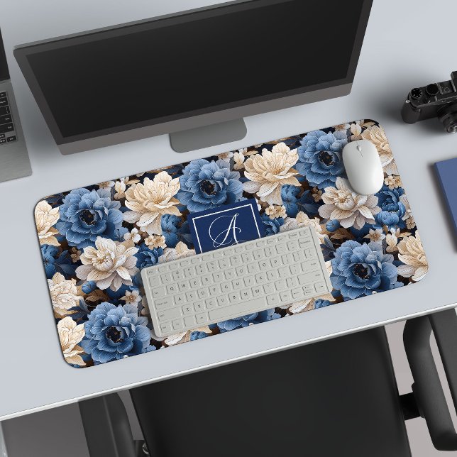 Tapis de bureau personnalisé Fleurs d'ivoire bleue (Luxury Blue Ivory Flowers Personalized Desk Mat)