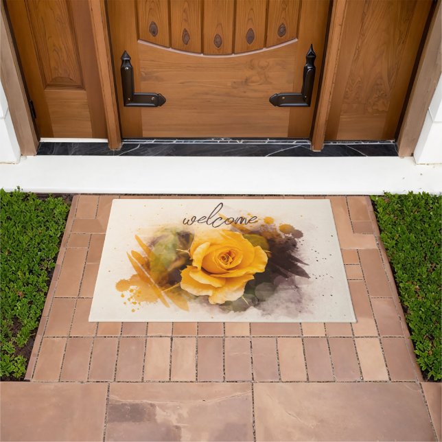 Tapis de porte à motif aquarelle d'un seul rosier  (De plein air)