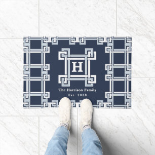Tapis de porte élégant à clé grecque en bleu marin