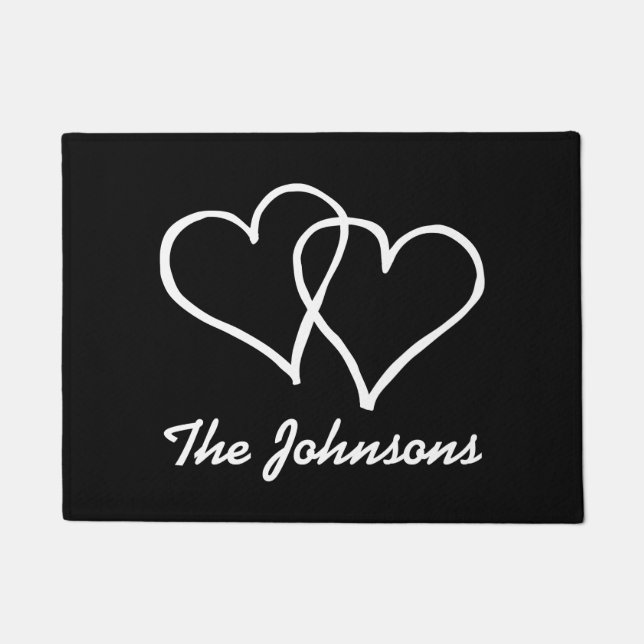 Tapis de porte noir et blanc avec coeurs enclavés (Devant)