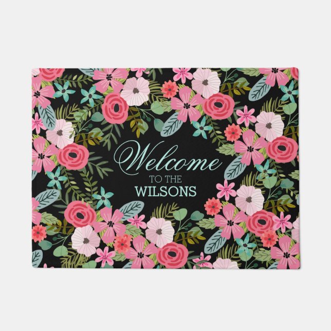 Tapis de porte personnalisée Bienvenue Floral (Devant)