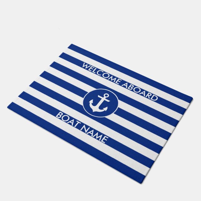 Tapis de porte rayé de bleu d'accueil de nom (Incliné)