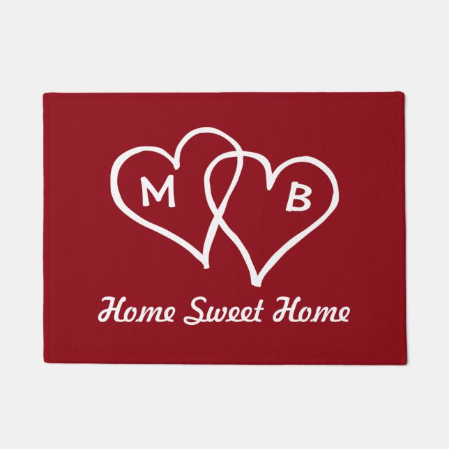 Tapis de porte rouge avec coeurs et initiales imbr (Devant)
