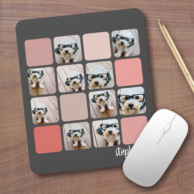 Tapis De Souris 10 Photo Collage Gris Blush Coral Rose Nom du scri (Custom Mouse Pad - Add Photos and Text)
