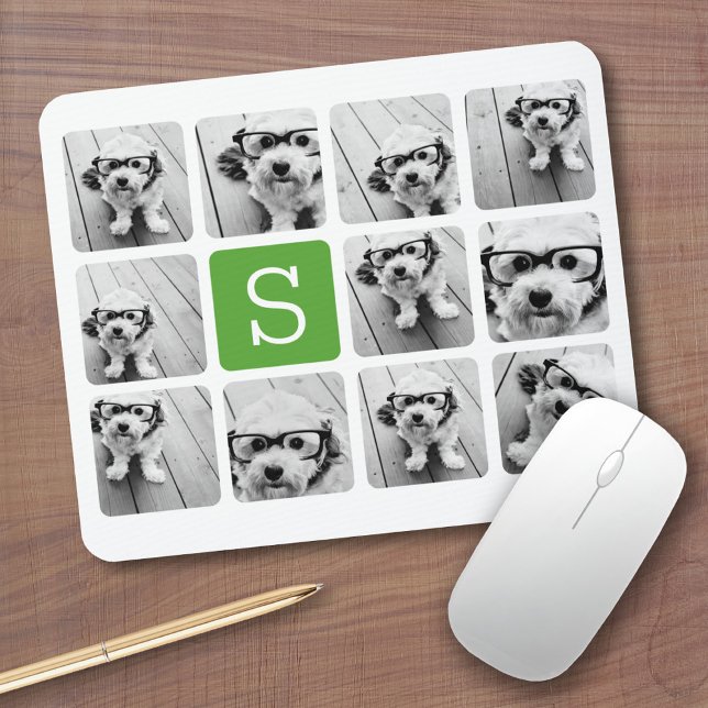 Tapis De Souris 11 Collage de photos - Vert blanc Monogramme moder (Personalized mousepad - Add Photos and Custom Text)
