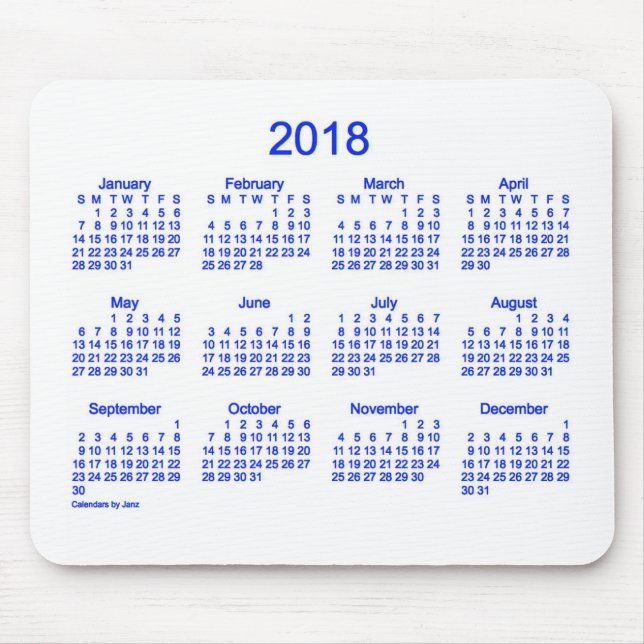 Tapis De Souris 2018 calendrier bleu et blanc par le tapis de (Devant)