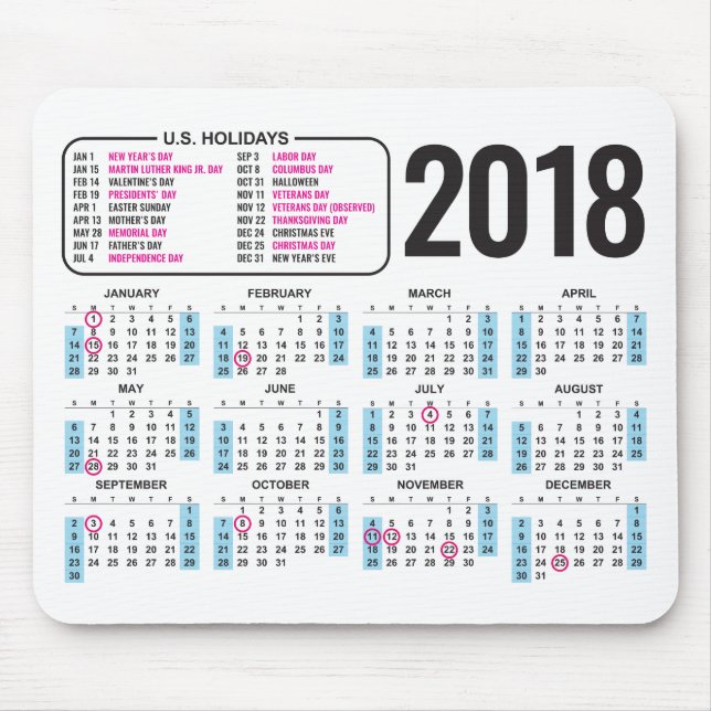 Tapis De Souris 2018 calendrier Mousepad avec des vacances des (Devant)