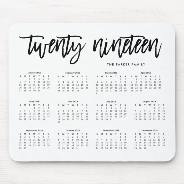 Tapis De Souris 2019 typographie moderne du calendrier | (Devant)