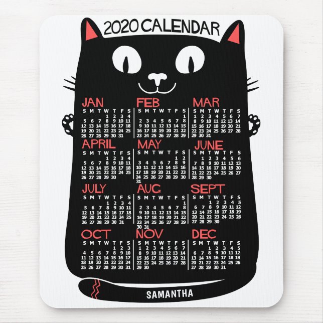 Tapis De Souris 2020 Année Calendrier mensuel Chat noir du milieu  (Devant)