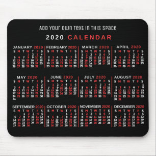 Tapis De Souris 2020 Année Calendrier mensuel personnalisé Noir Ro