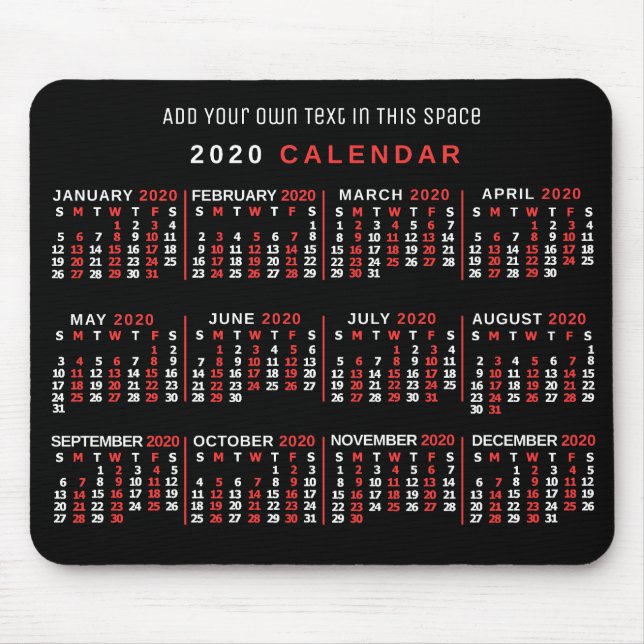 Tapis De Souris 2020 Année Calendrier mensuel personnalisé Noir Ro (Devant)