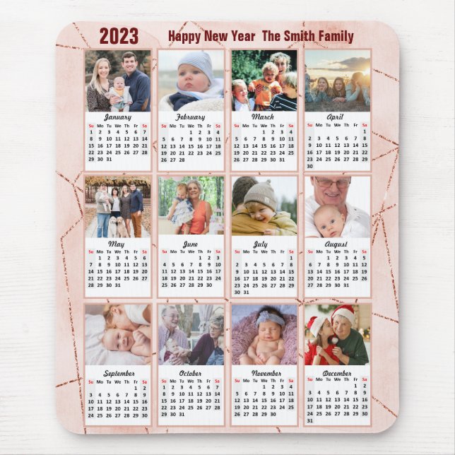 Tapis De Souris 2023 Calendrier 12 Photo de famille Rose moderne O (Devant)