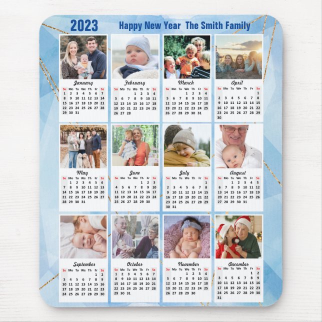 Tapis De Souris 2023 Calendrier 12 Photo Famille Moderne Bleu Simp (Devant)