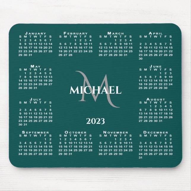 Tapis De Souris 2023 Calendrier Chic Monogramme Nom sur Turquoise (Devant)