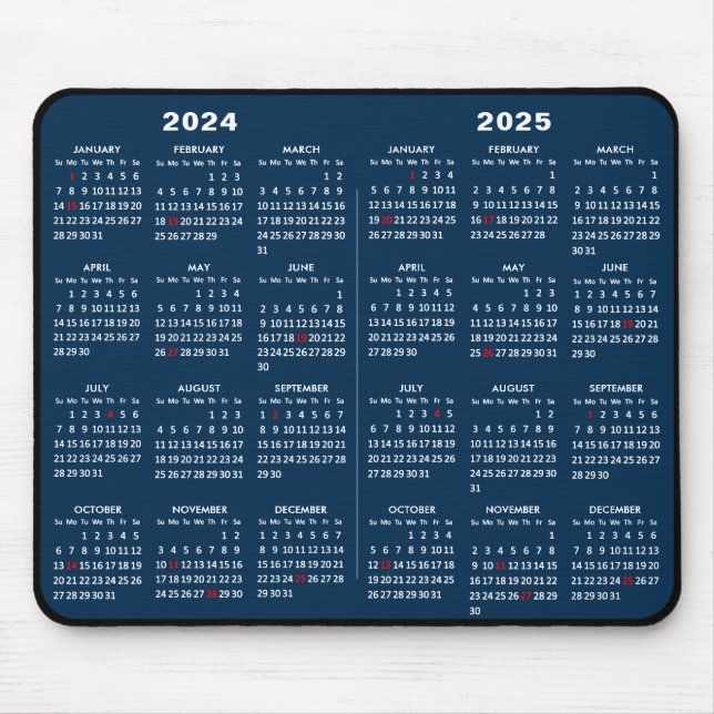 Tapis De Souris 2024-2025 Calendrier de 2 ans Simple Bleu Vacances (Devant)
