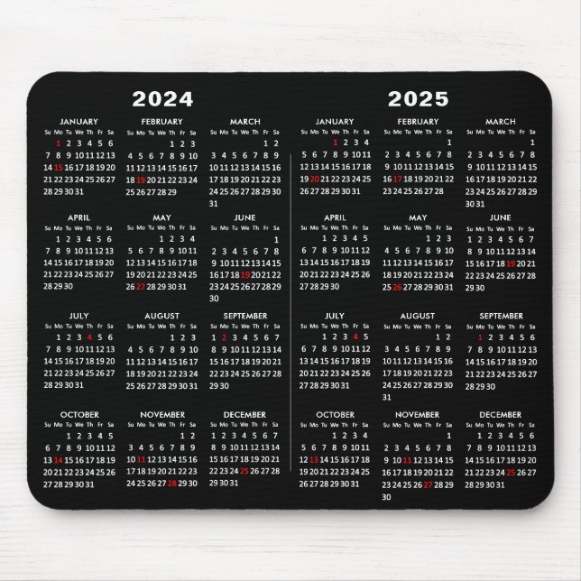 Tapis De Souris 2024 - 2025 Calendrier Simple Noir avec les fêtes  (Devant)