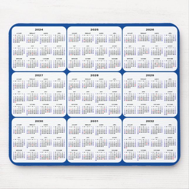 Tapis De Souris 2024 - 2032 Calendrier avec les fêtes américaines  (Devant)