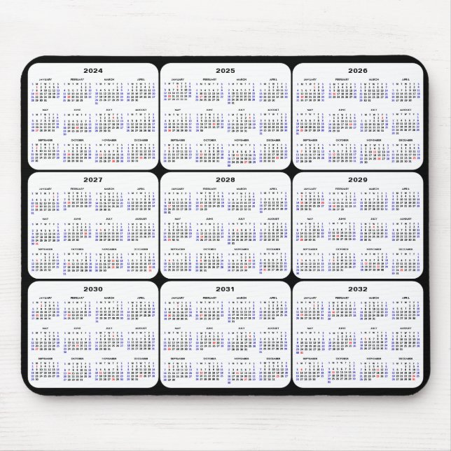 Tapis De Souris 2024 - 2032 Calendrier avec les fêtes américaines  (Devant)