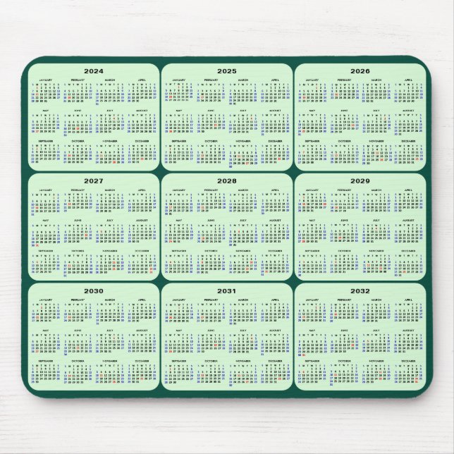 Tapis De Souris 2024 - 2032 Calendrier avec les fêtes américaines  (Devant)