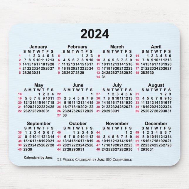 Tapis De Souris 2024 Alice Blue 52 semaines Calendrier ISO par Jan (Devant)