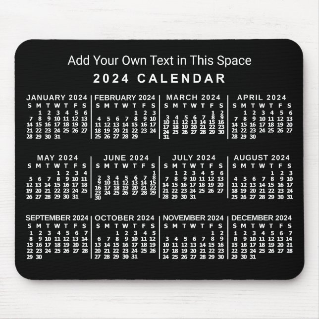 Tapis De Souris 2024 Année Calendrier mensuel personnalisé noir et (Devant)