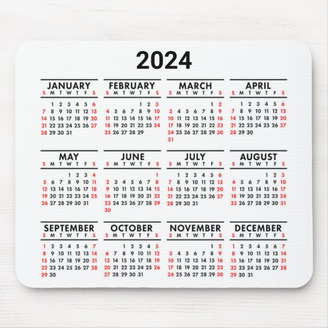 Tapis De Souris 2024 Année En Coup D'Oeil Calendrier Rouge, Noir & (Devant)