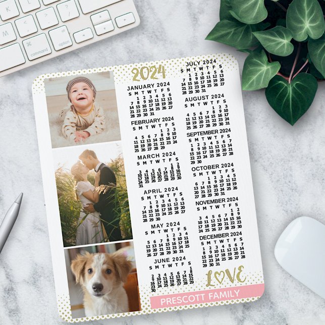 Tapis De Souris 2024 Calendrier Blush Pink Gold Family Photo Colla (Créateur téléchargé)