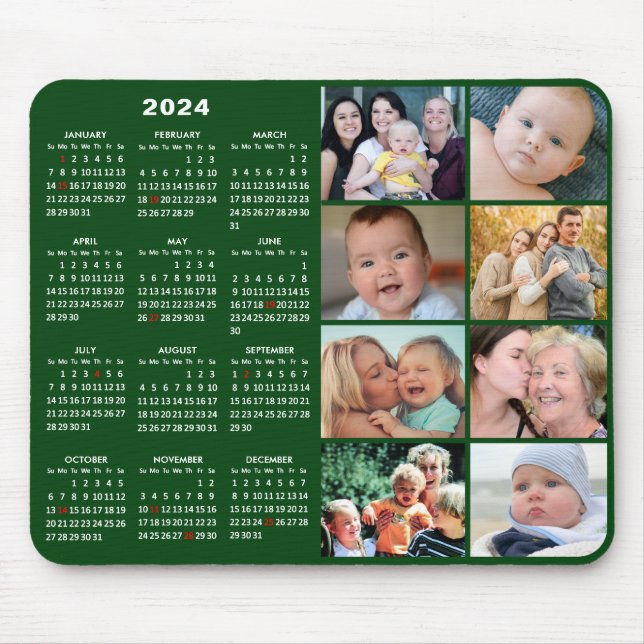 Tapis De Souris 2024 Calendrier Moderne Vert 8 Famille Photo Colla (Devant)