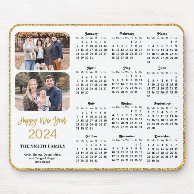 Tapis De Souris 2024 Calendrier Parties scintillant Or Script 2 Ph (Devant)