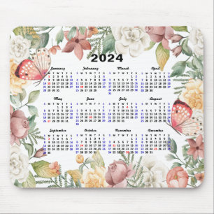 Tapis De Souris 2024 Calendrier Rose Floral Vert Papillon rose