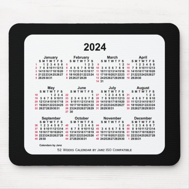 Tapis De Souris 2024 Noir 52 semaines Calendrier ISO par Janz Two  (Devant)