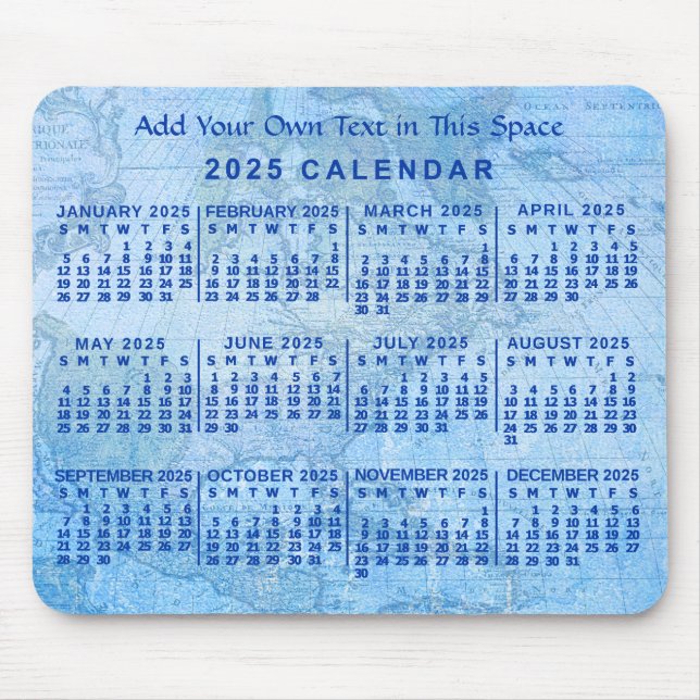 Tapis De Souris 2025 Année Calendrier mensuel Personnalisé Bleu An (Devant)
