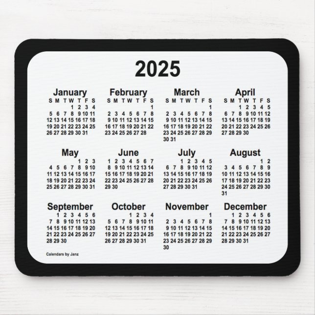 Tapis De Souris 2025 Blanc sur le calendrier noir par Janz Two Ton (Devant)