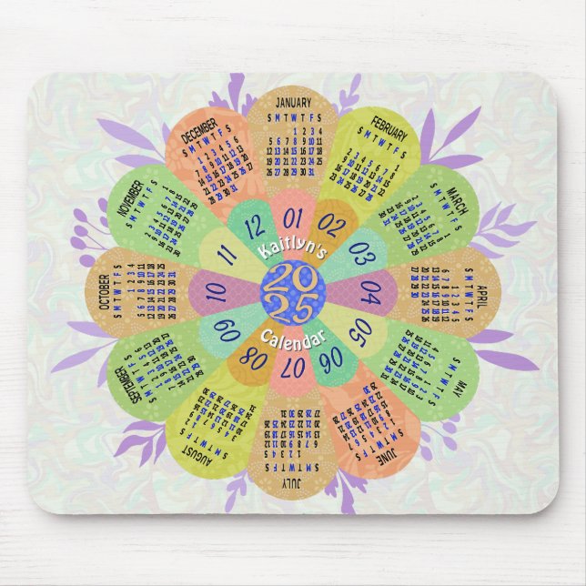 Tapis De Souris 2025 Calendrier Unique Boho Retro Flower Nom perso (Devant)