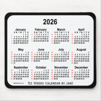 Tapis De Souris 2026 Black Two Tone 52 Weeks Calendrier par Janz