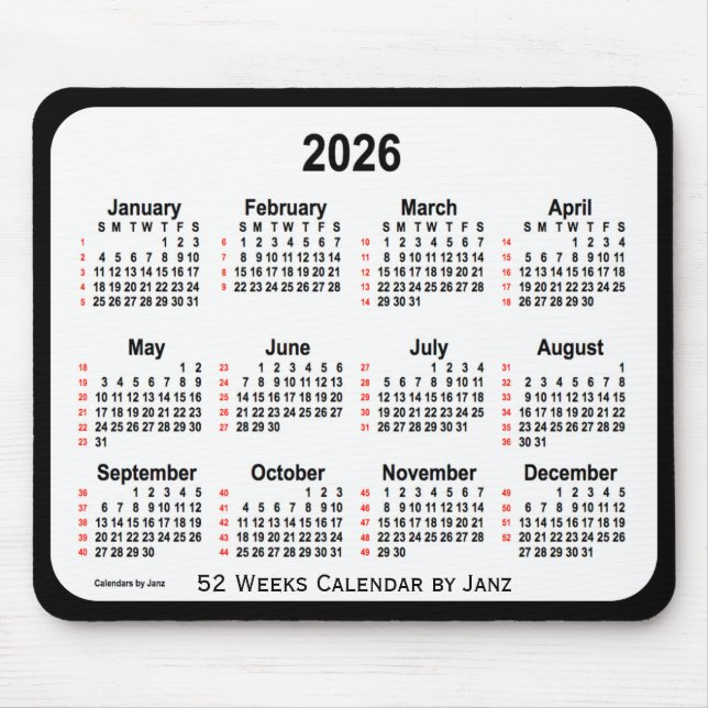 Tapis De Souris 2026 Black Two Tone 52 Weeks Calendrier par Janz (Devant)