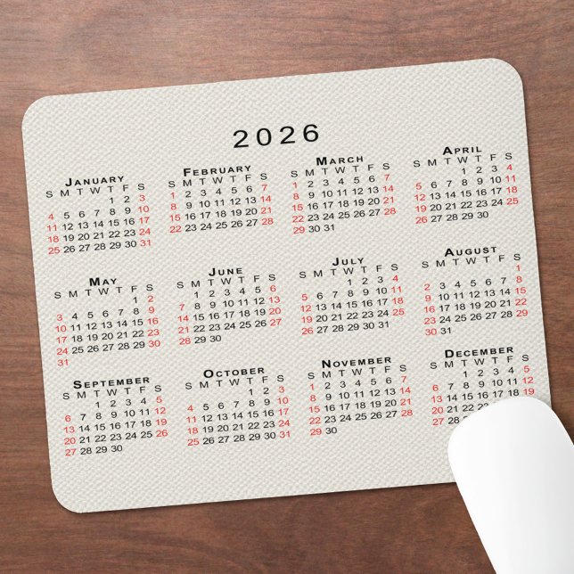Tapis De Souris 2026 Calendar Beige Faux Canvas Texture (2026 Calendar Beige Faux Canvas Texture Mouse Pad, in situ)