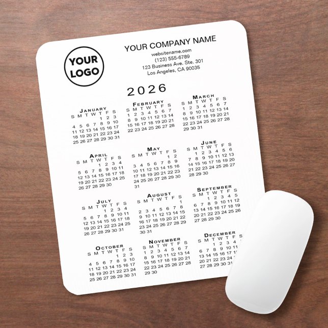 Tapis De Souris 2026 Calendar Business Logo and Text on White (2026 Calendar Business Logo and Text on White Mouse Pad, in situ)