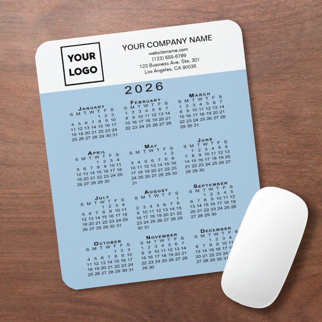 Tapis De Souris 2026 Calendar Business Logo Text Light Blue (2026 Calendar Business Logo Text Light Blue Mouse Pad, in situ)